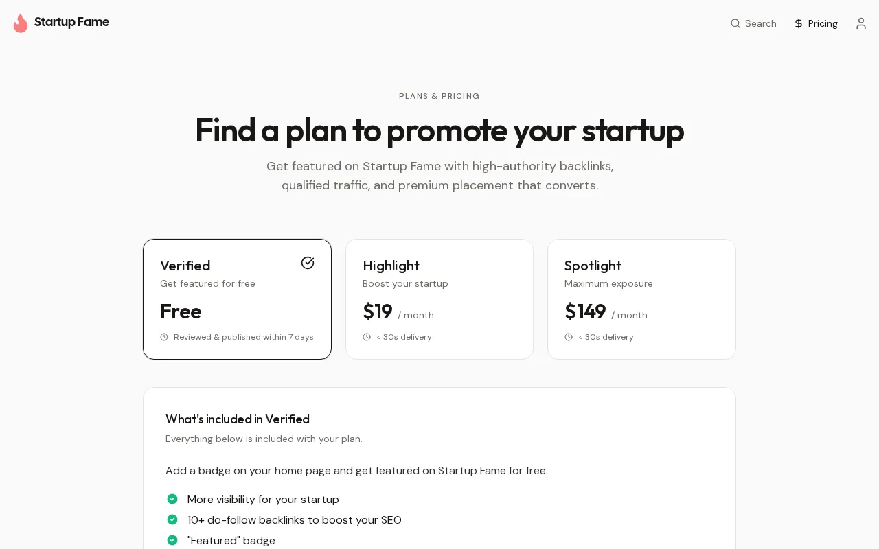 Startup Fame — pricing page