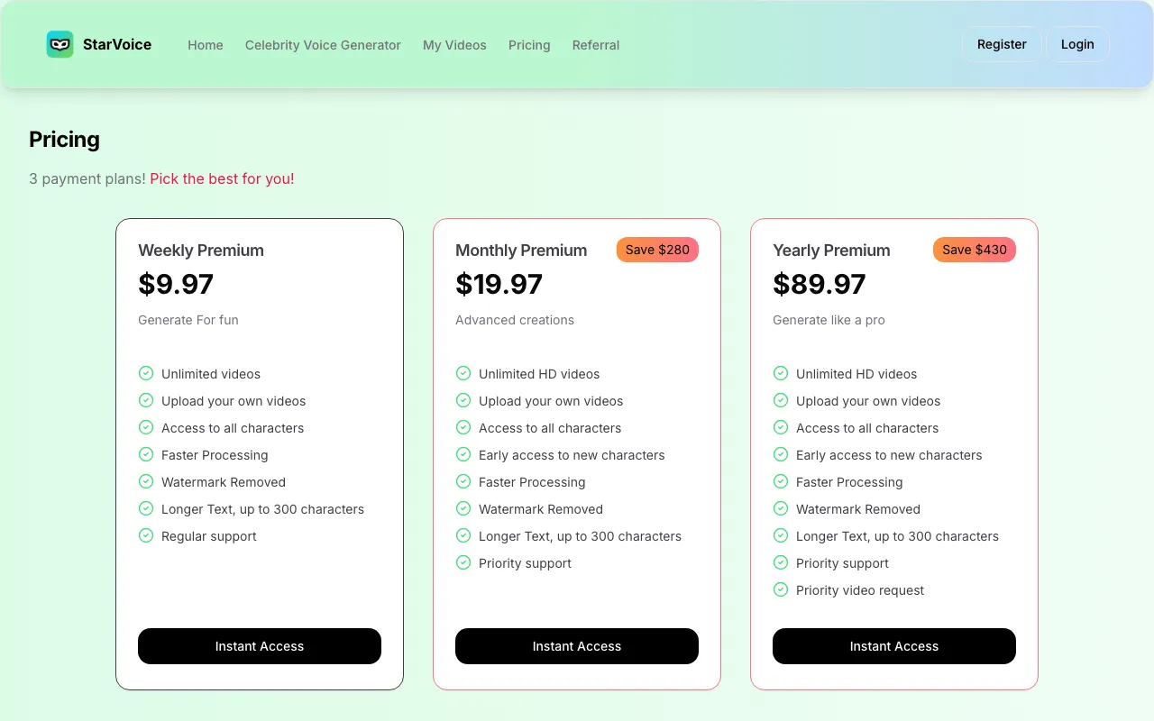 StarVoiceAi — pricing page