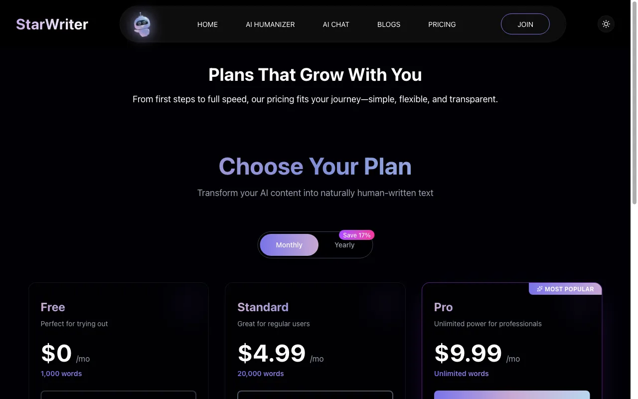 StarWriter AI — pricing page