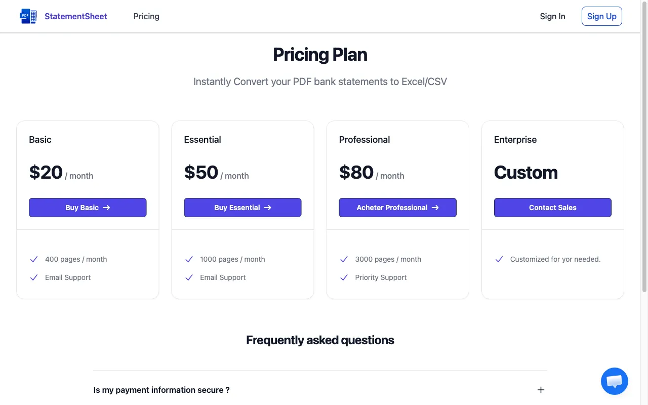 StatementSheet — pricing page