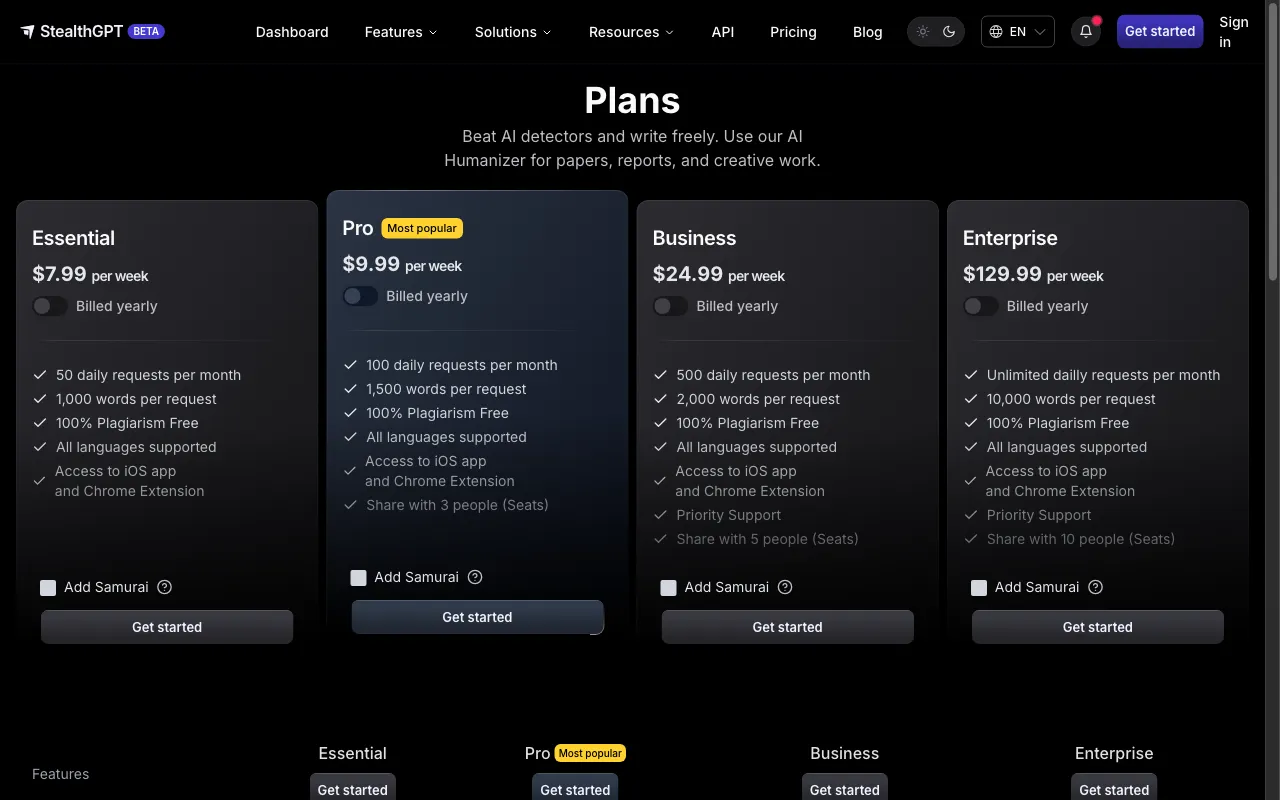 StealthGPT — pricing page
