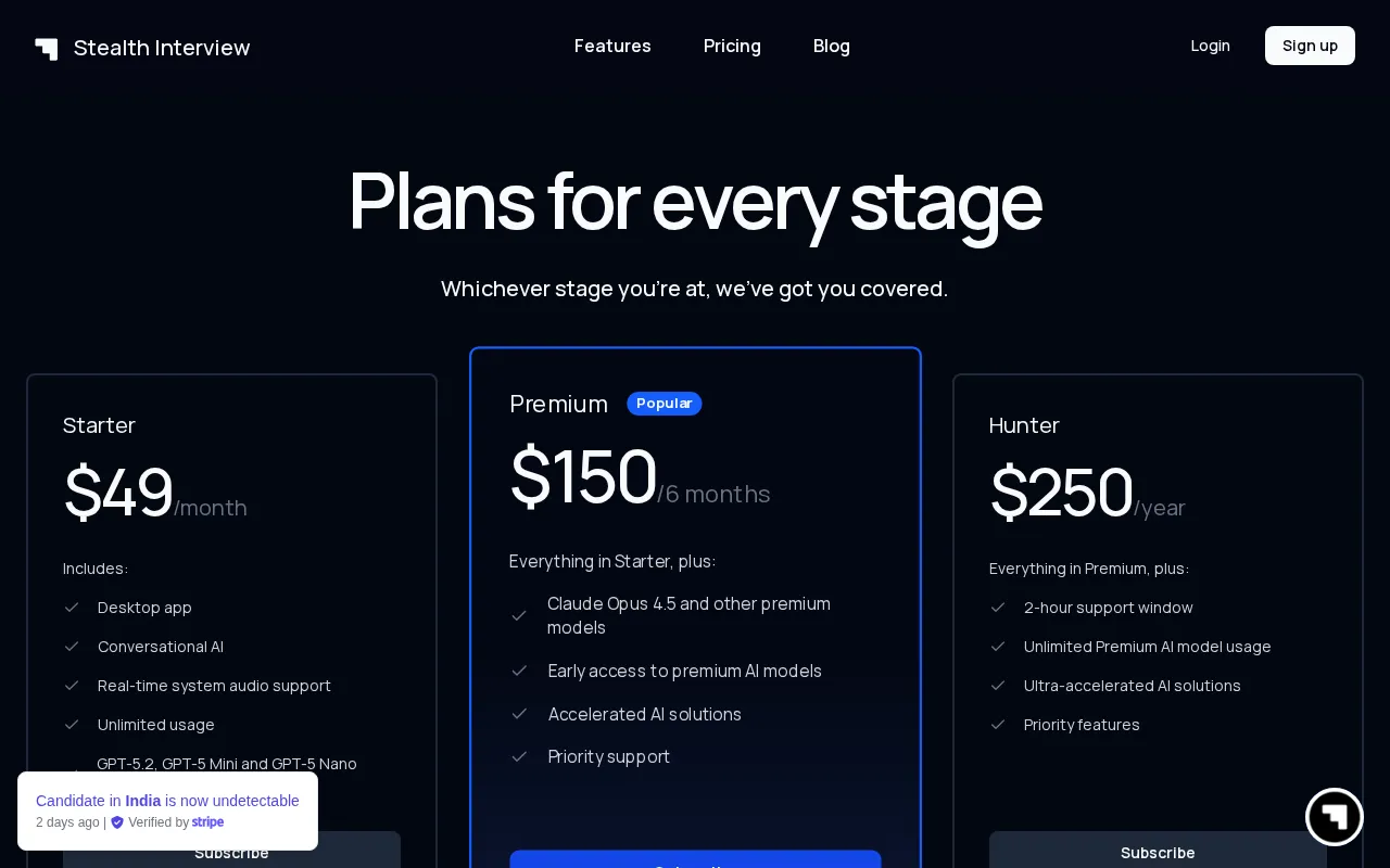 stealthinterview.ai — pricing page