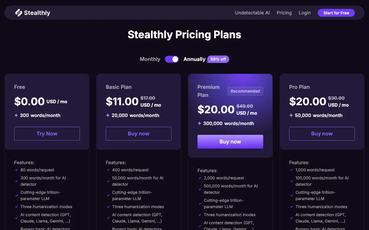 Stealthly AI Humanizer — pricing page