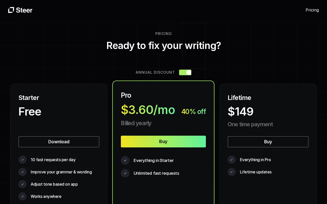 Steer — pricing page