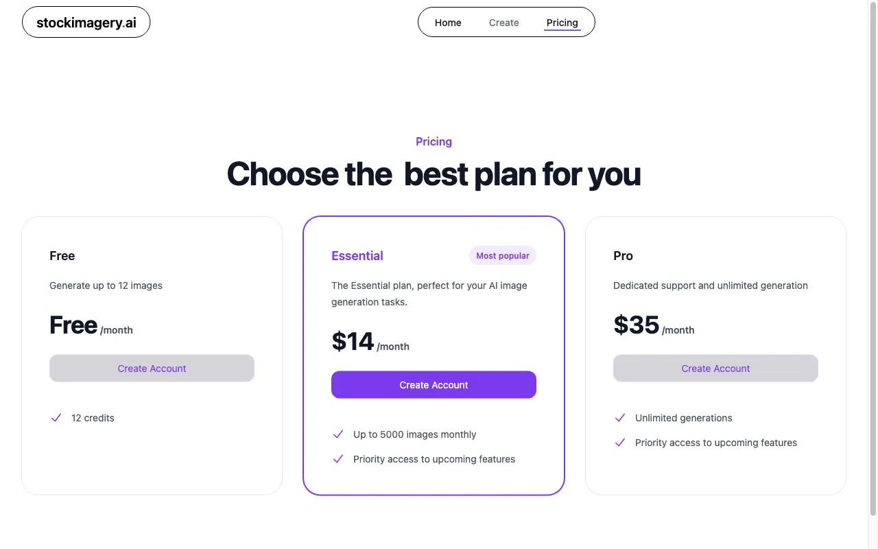 Stock Imagery AI — pricing page