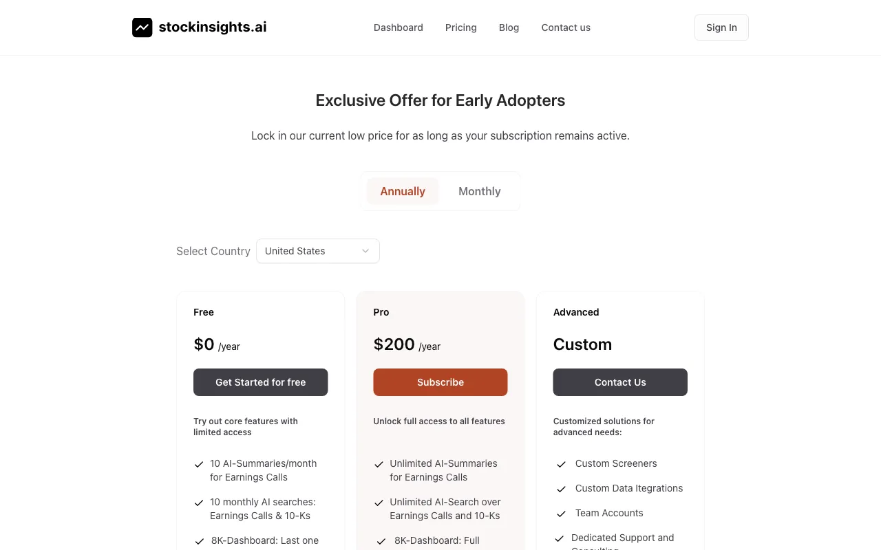 StockInsights AI — pricing page