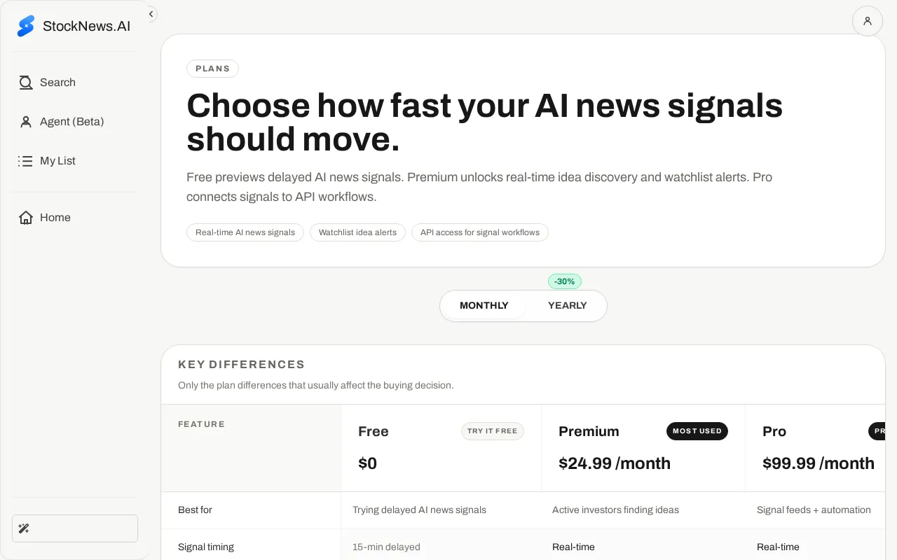 StockNewsAI — pricing page