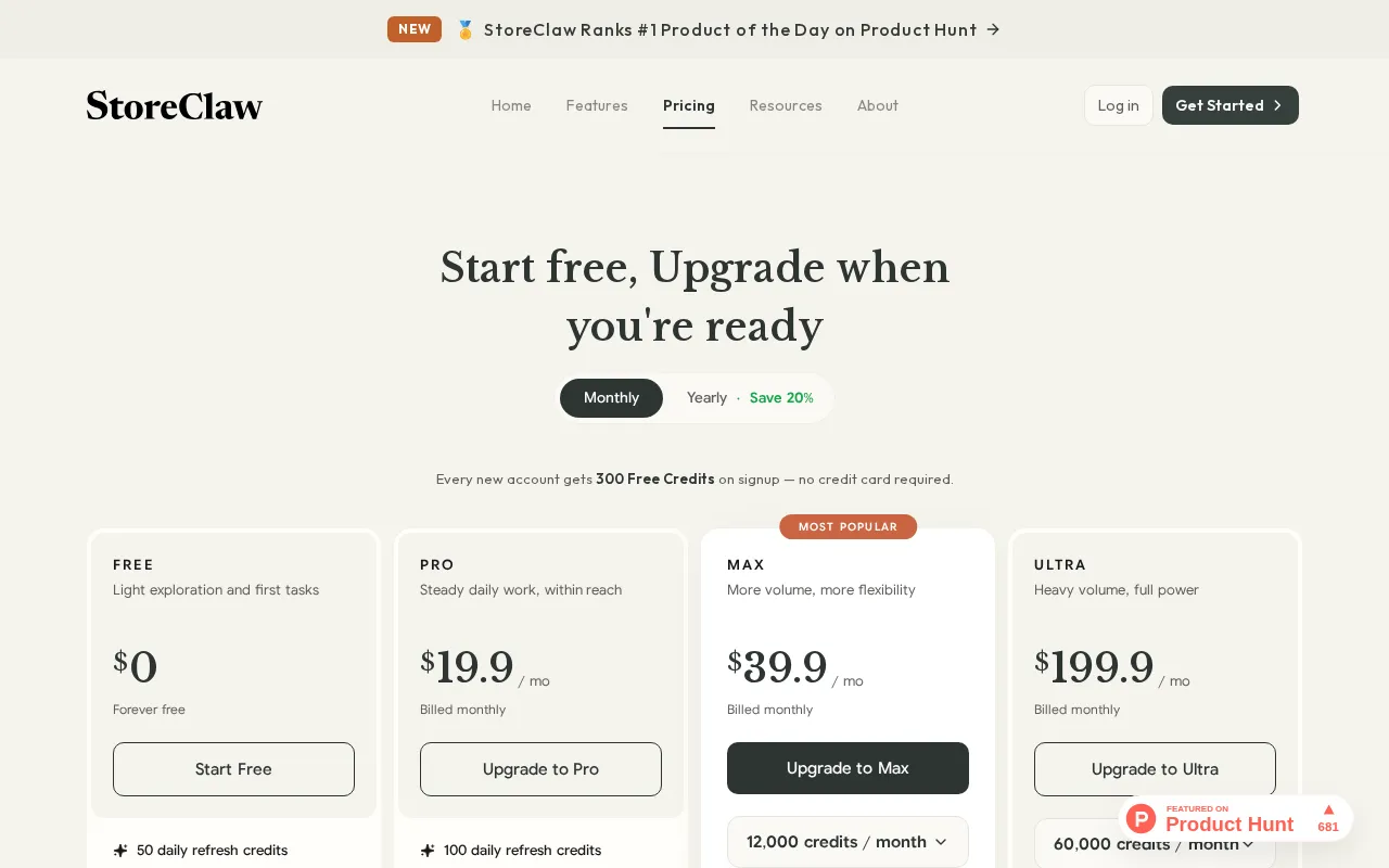 StoreClaw — pricing page