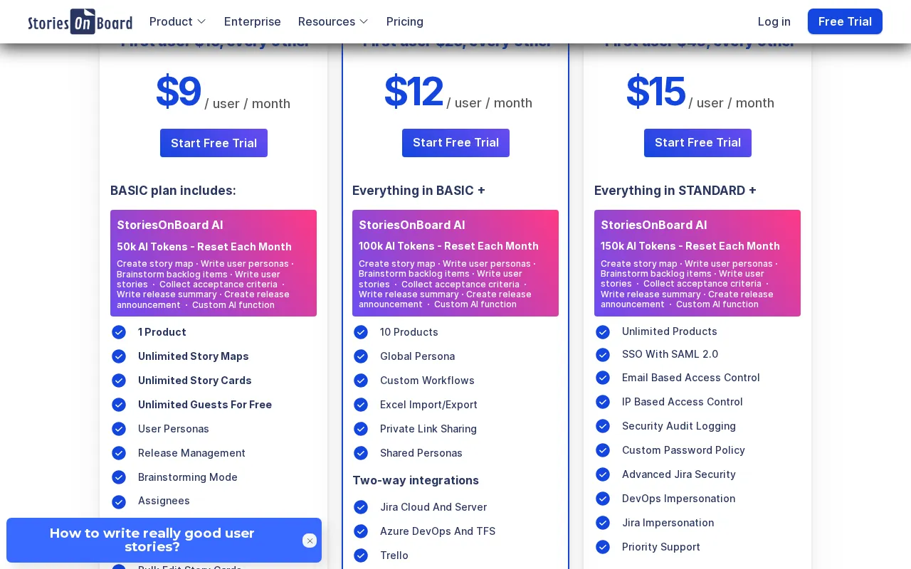 StoriesOnBoard — pricing page