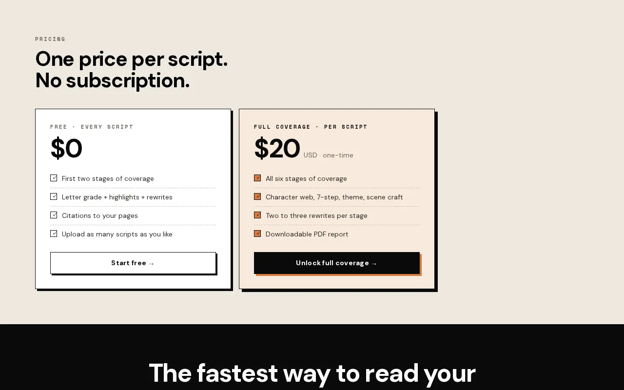 Story Notes — pricing page