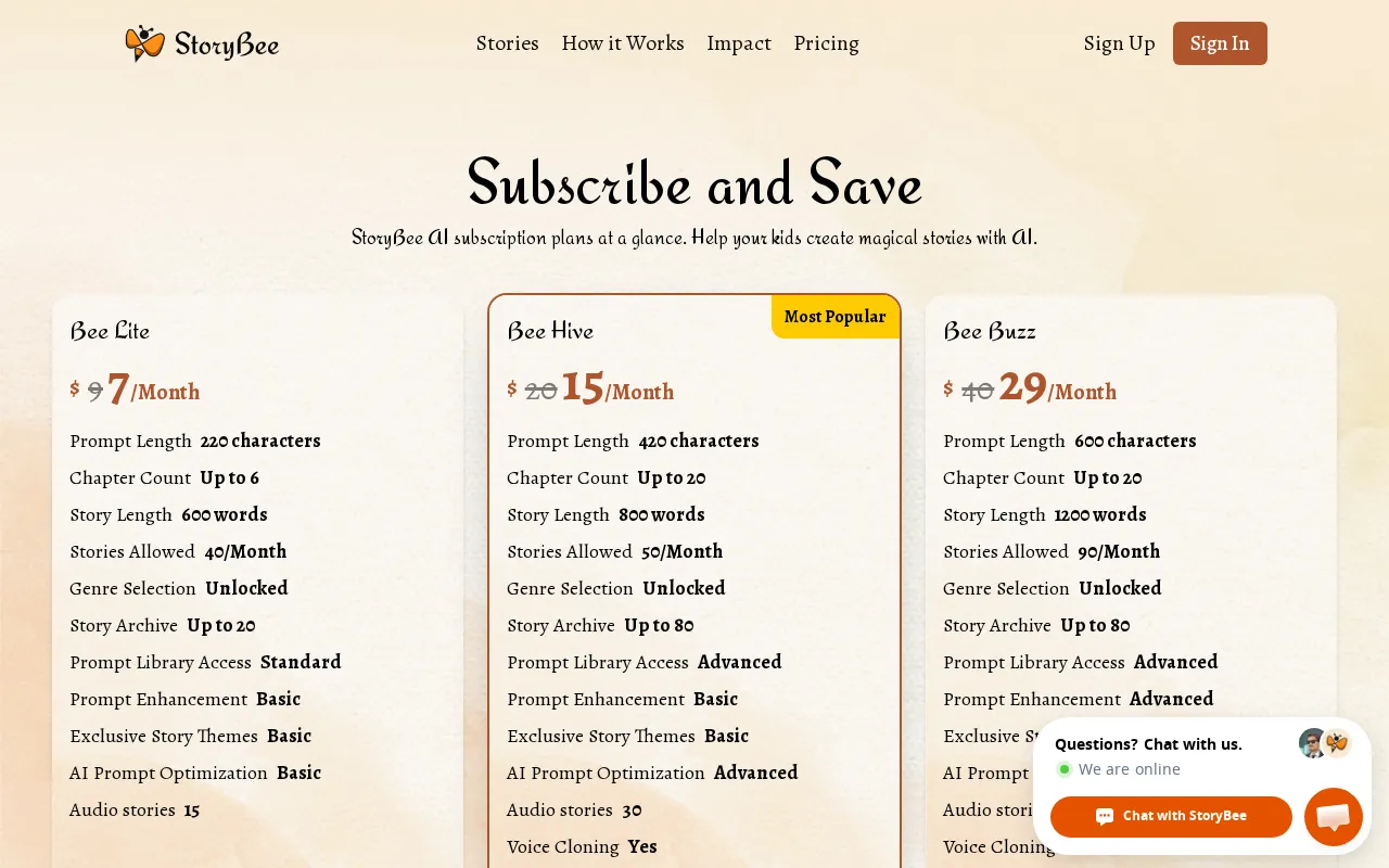 StoryBee — pricing page