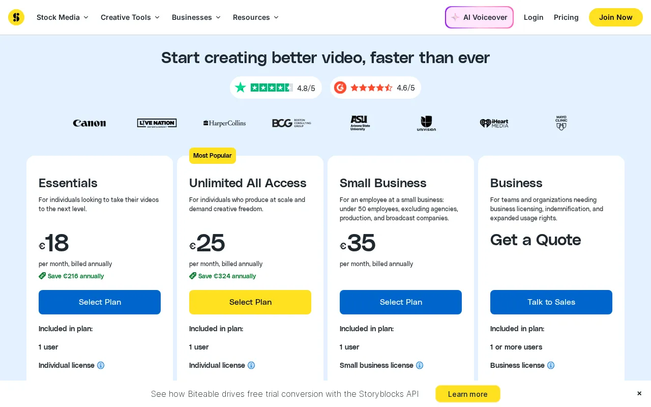 Storyblocks Video — pricing page