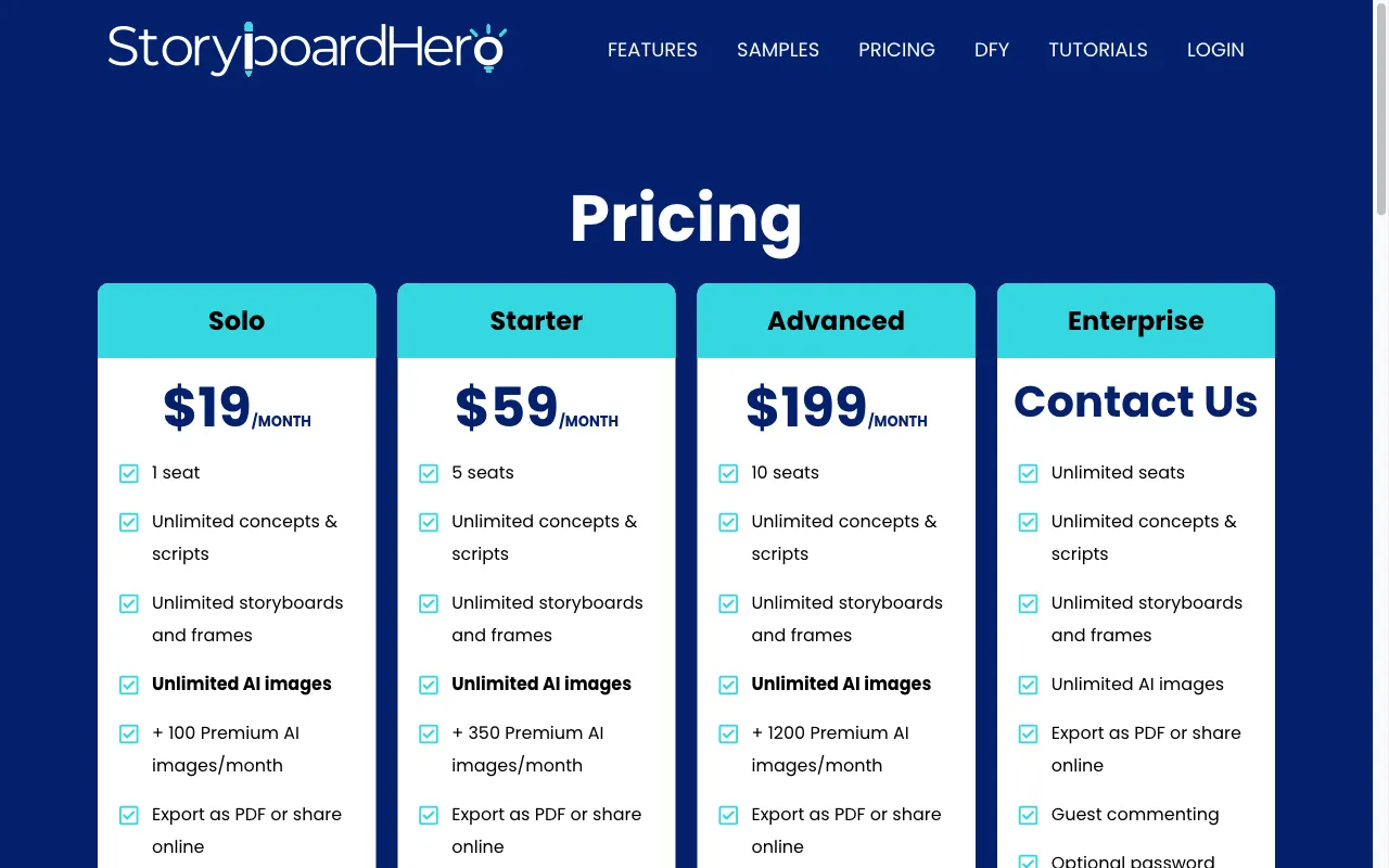 Storyboard Hero — pricing page