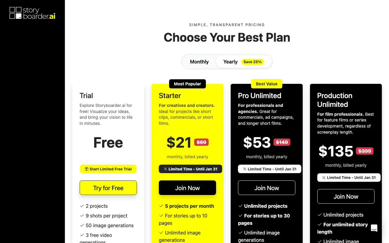 Storyboarder.ai — pricing page