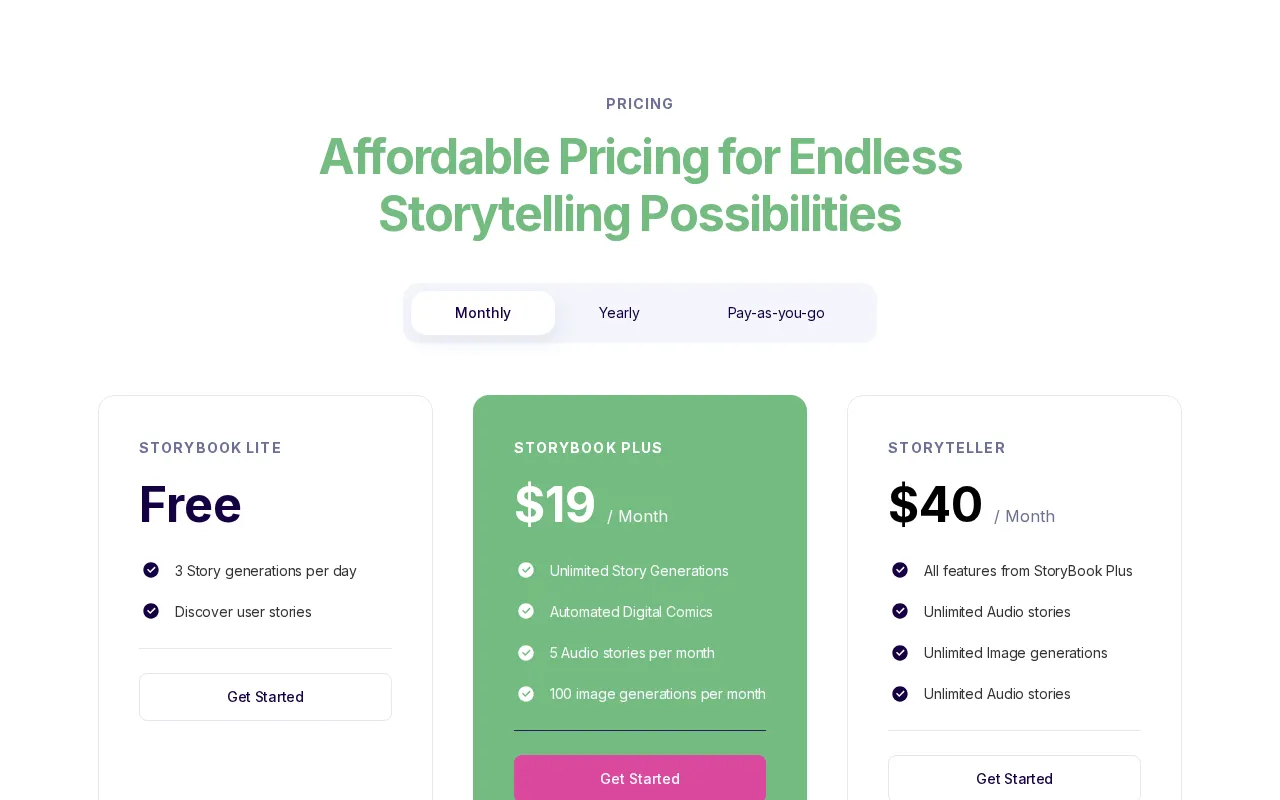 Storybookai — pricing page