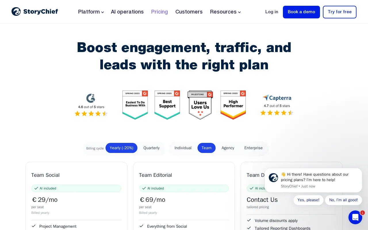 StoryChief — pricing page