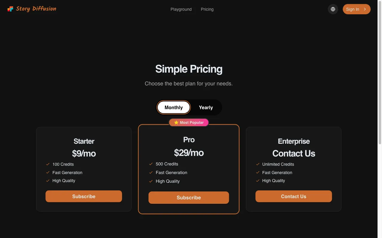 StoryDiffusion — pricing page