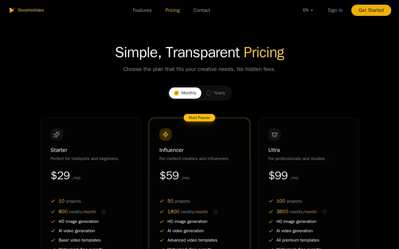 StoryIntoVideo — pricing page