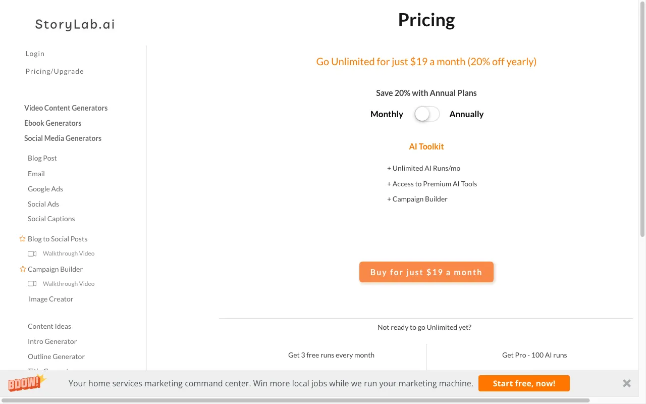 StoryLab.ai — pricing page