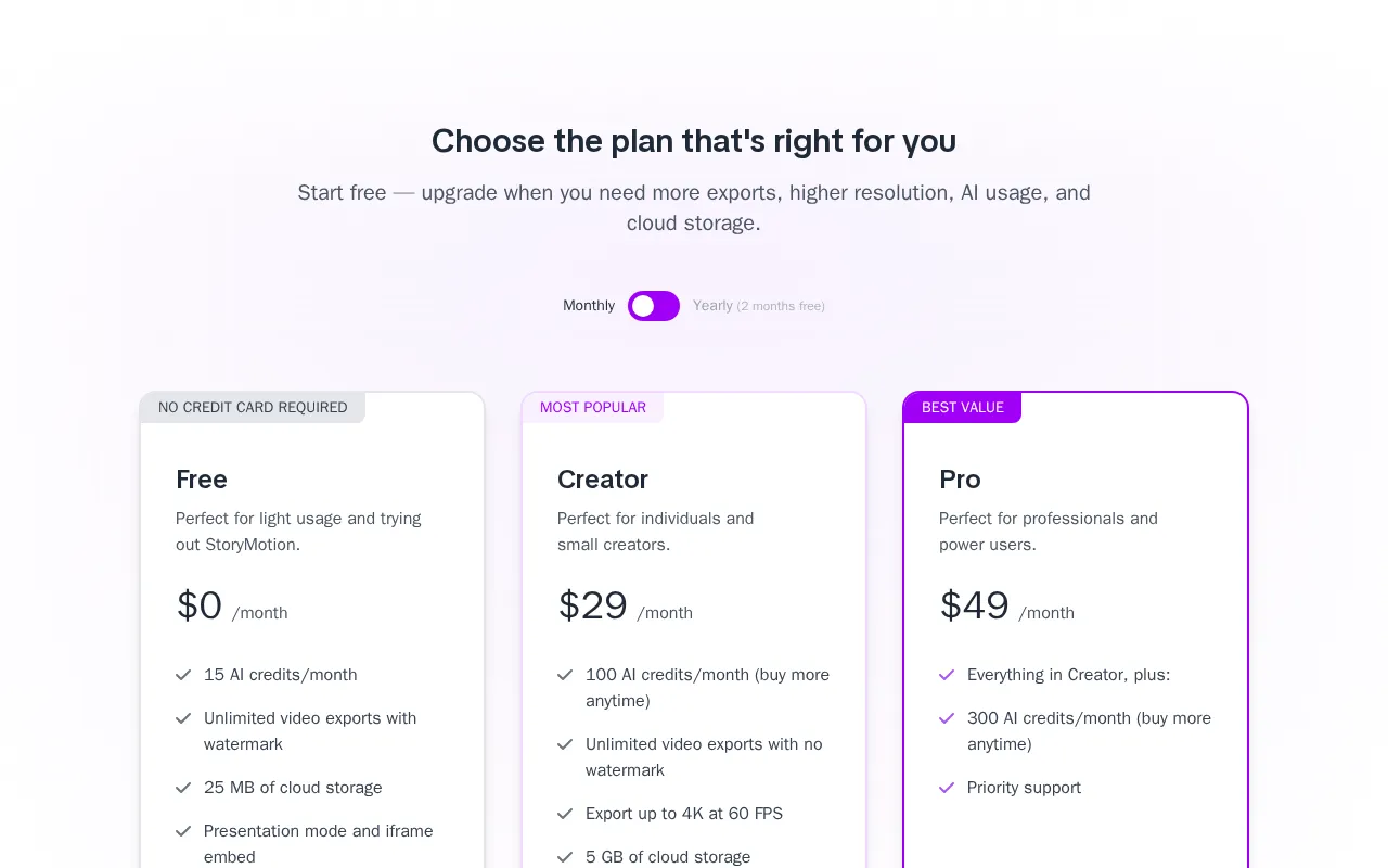 StoryMotion — pricing page