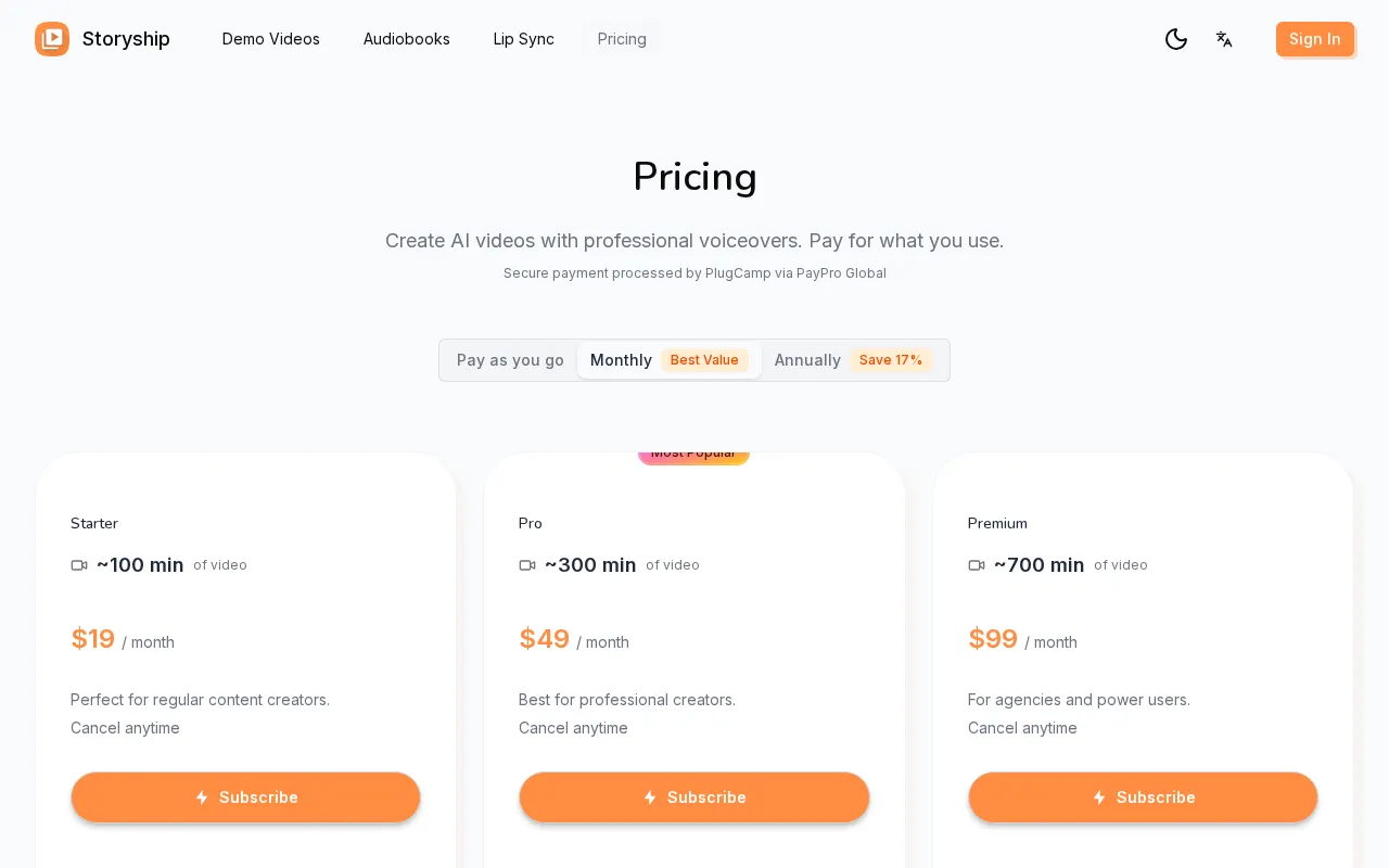 Storyship — pricing page