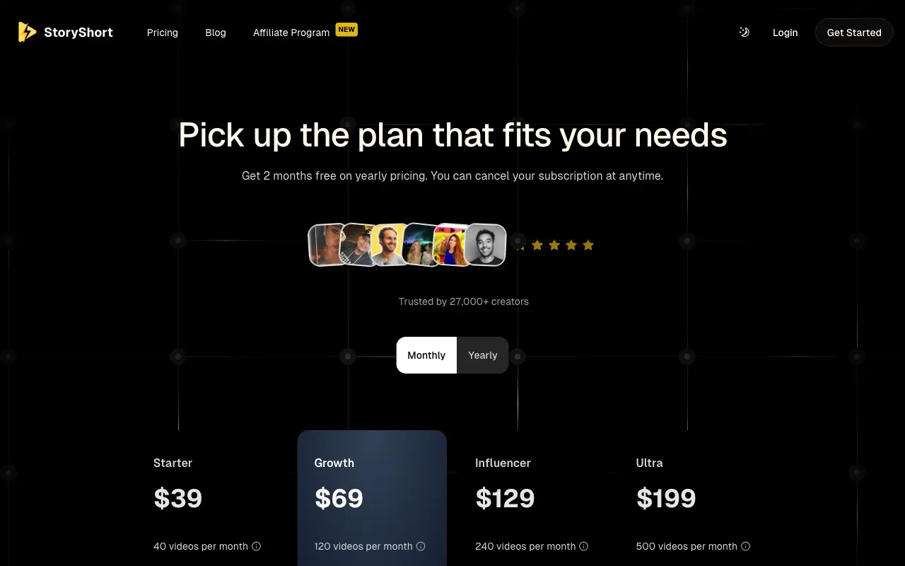 StoryShort AI — pricing page