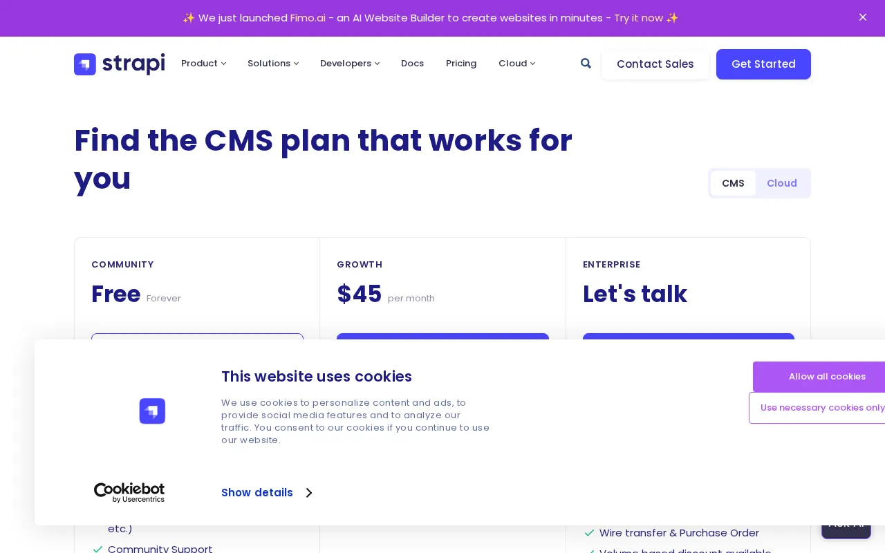 Strapi — pricing page