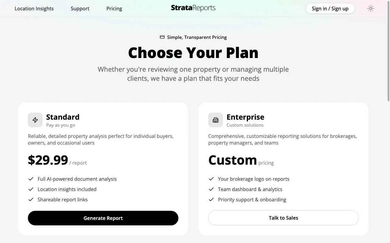 StrataReports — pricing page