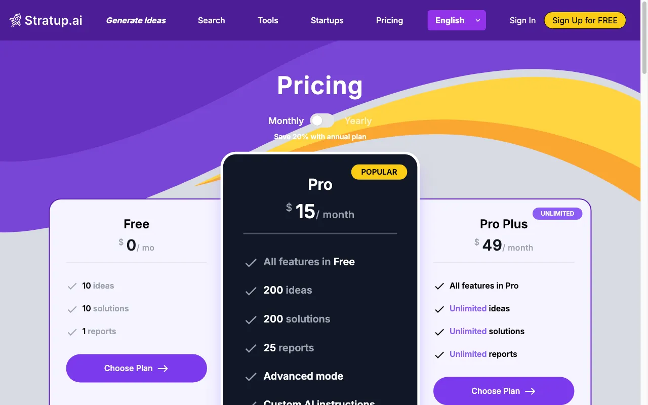 Stratup.ai — pricing page