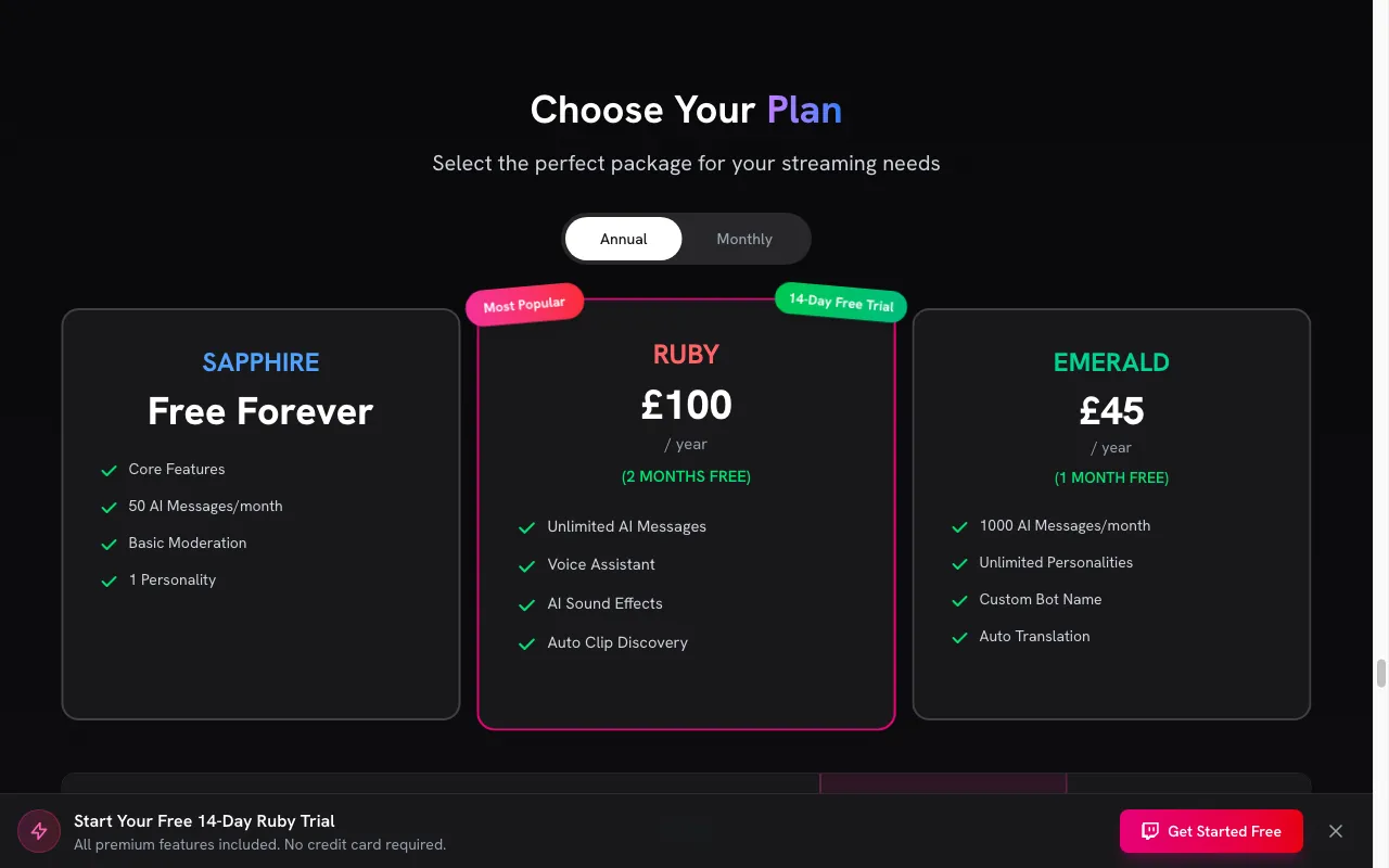 Stream Chat A.I. — pricing page