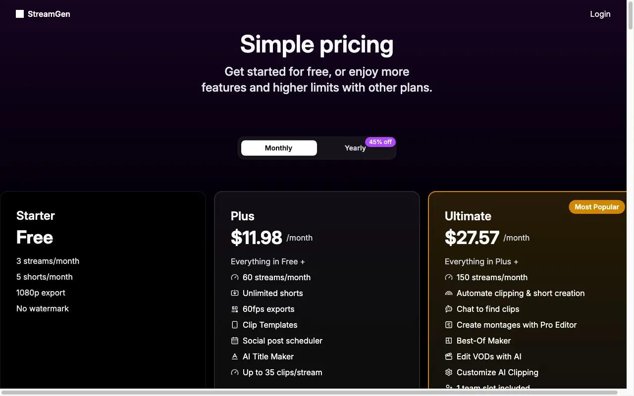 StreamGen — pricing page