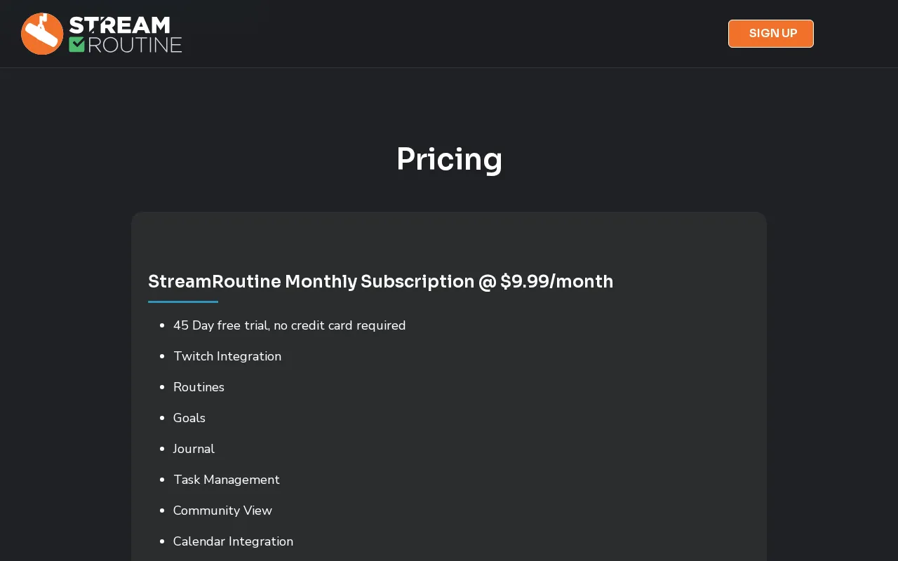 Streamroutine — pricing page