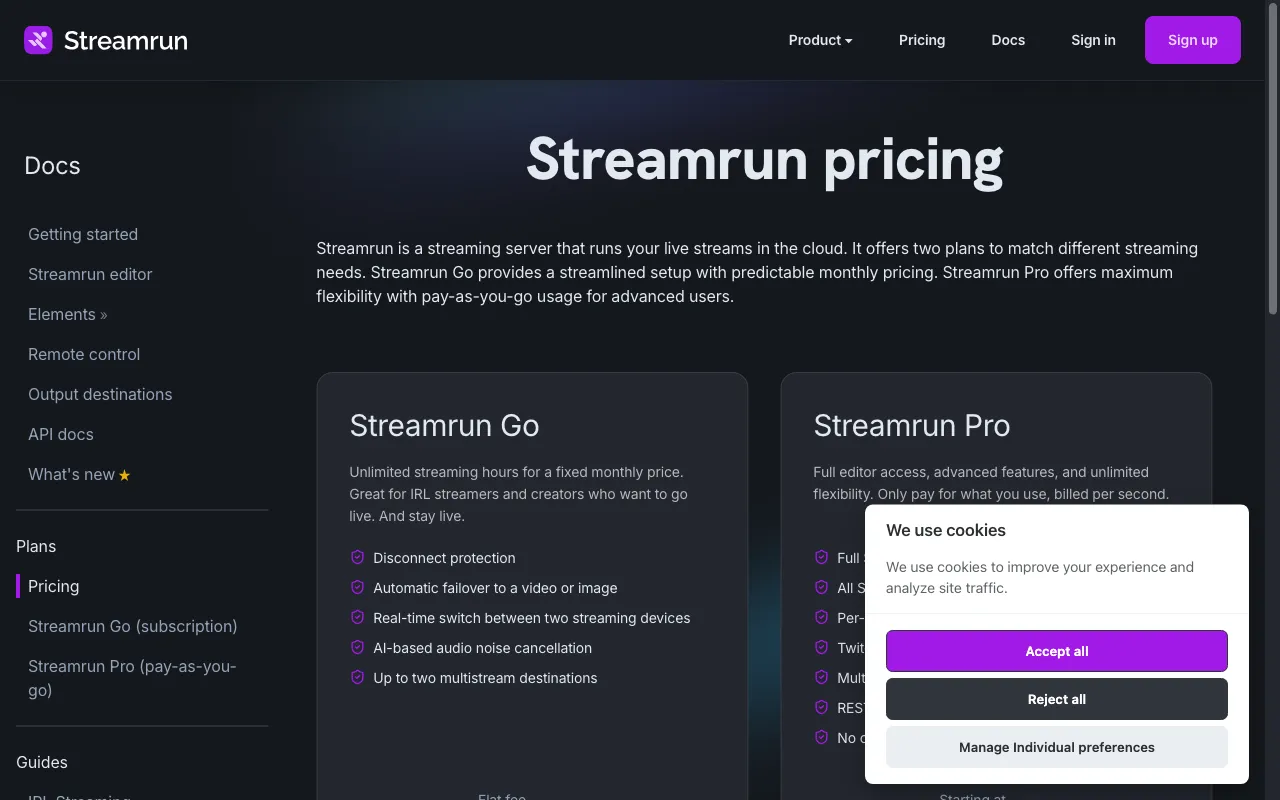 Streamrun — pricing page