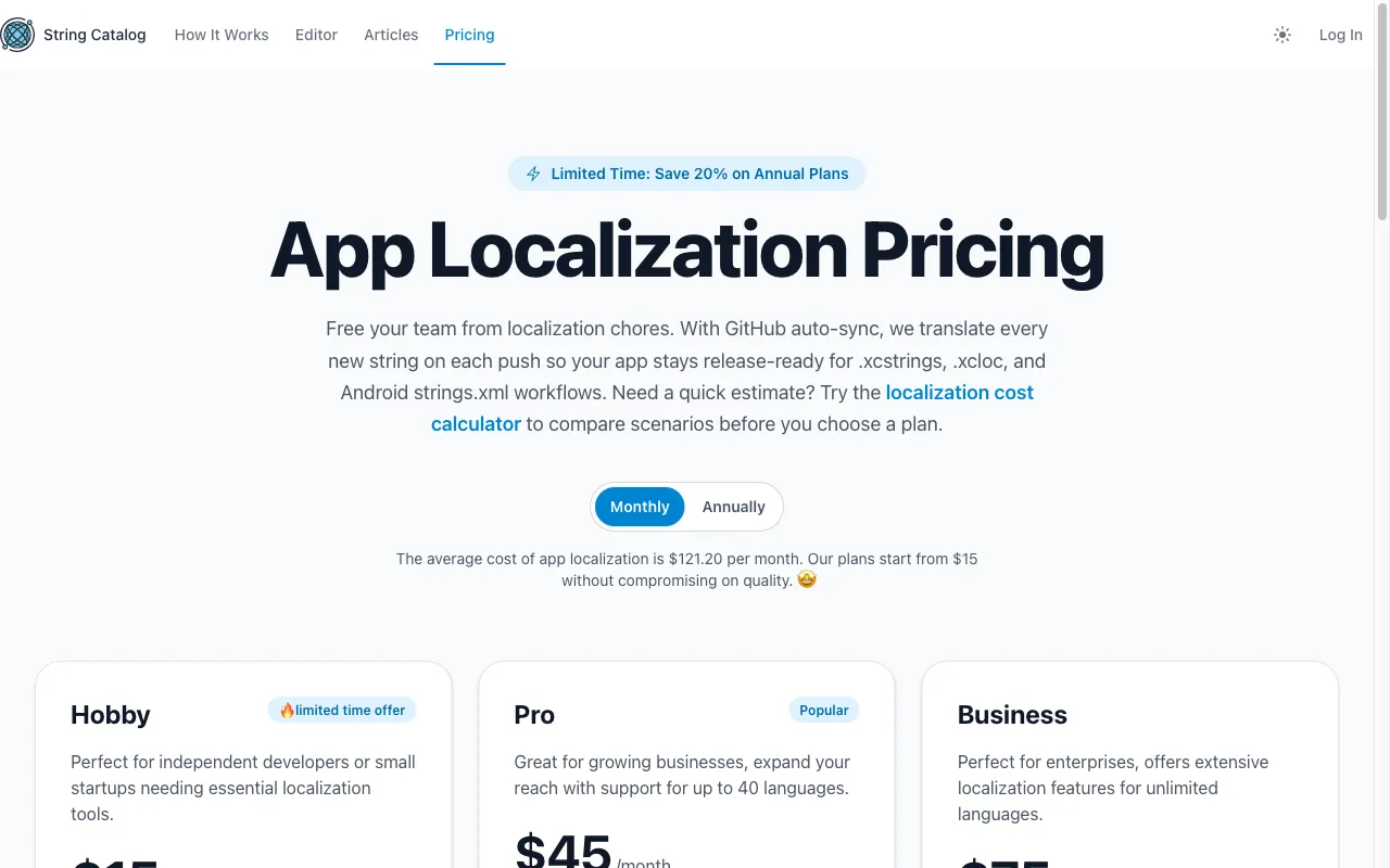 String Catalog — pricing page