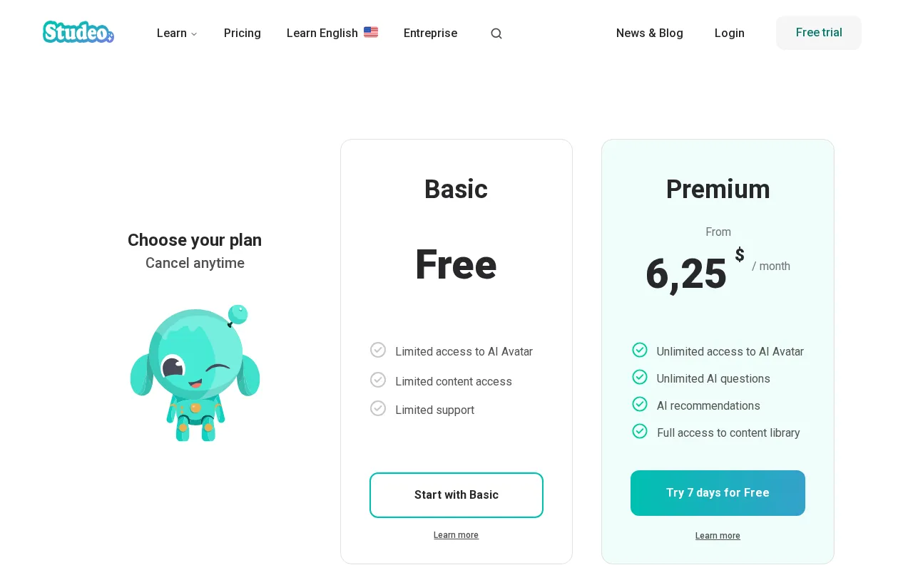 Studeo AI — pricing page