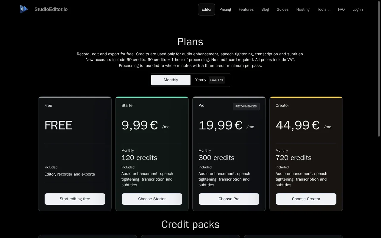 StudioEditor.io — pricing page
