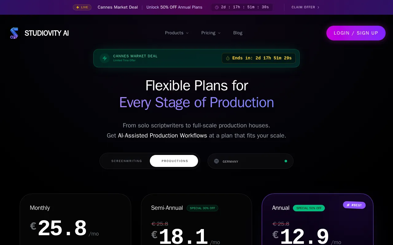 Studiovity Screenwriting — pricing page