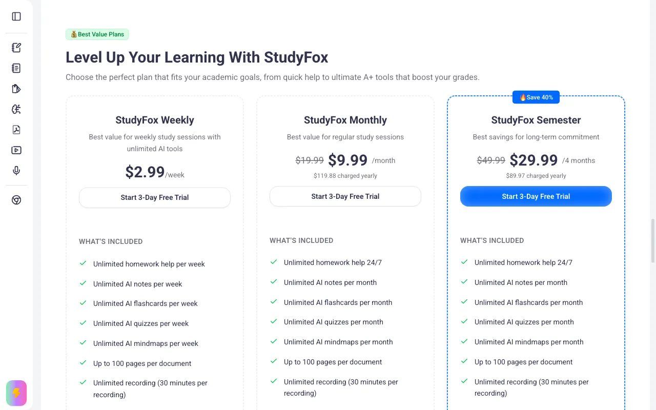 StudyFox — pricing page