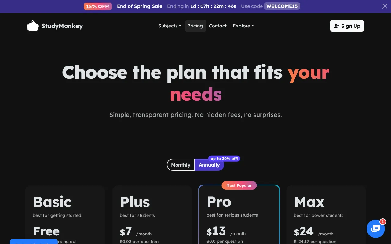 Studymonkey — pricing page