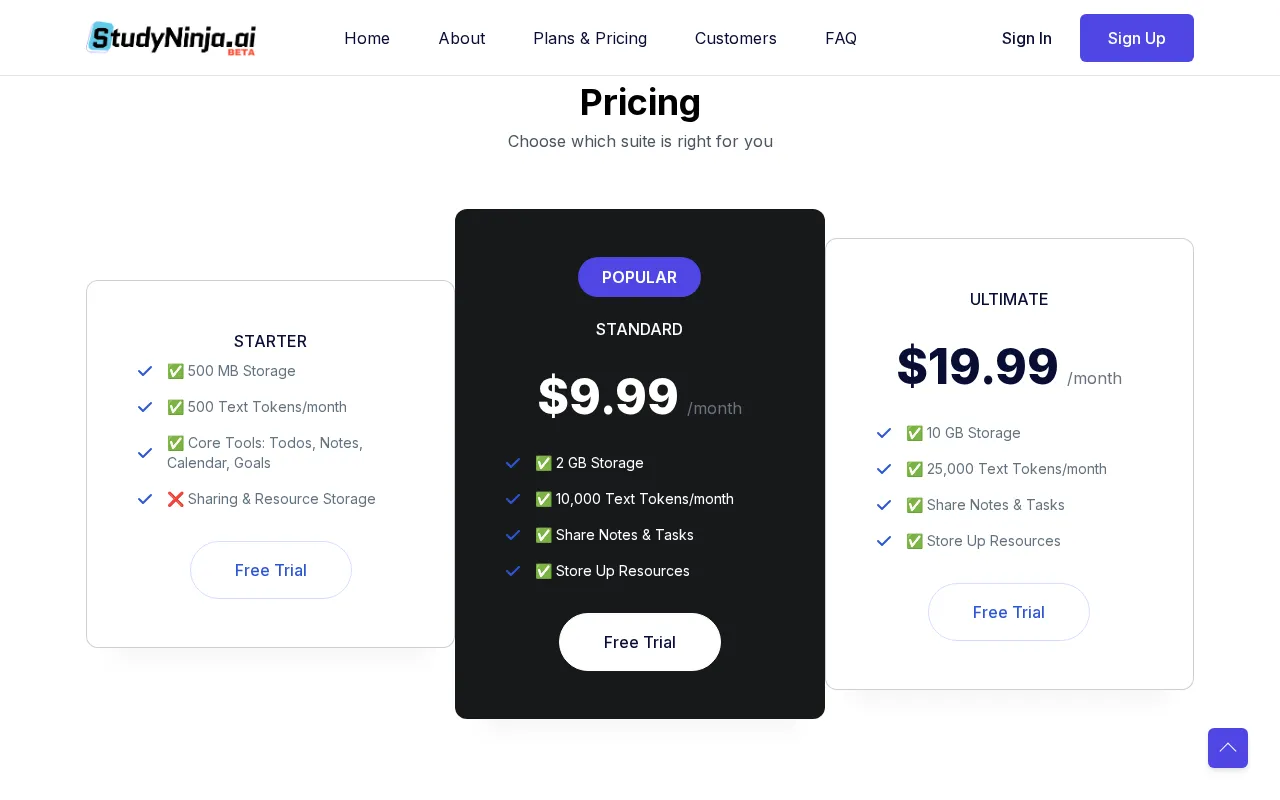 StudyNinja — pricing page