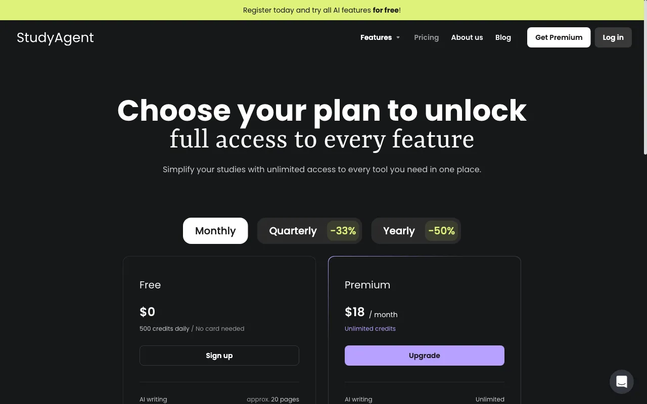 StudyAgent — pricing page