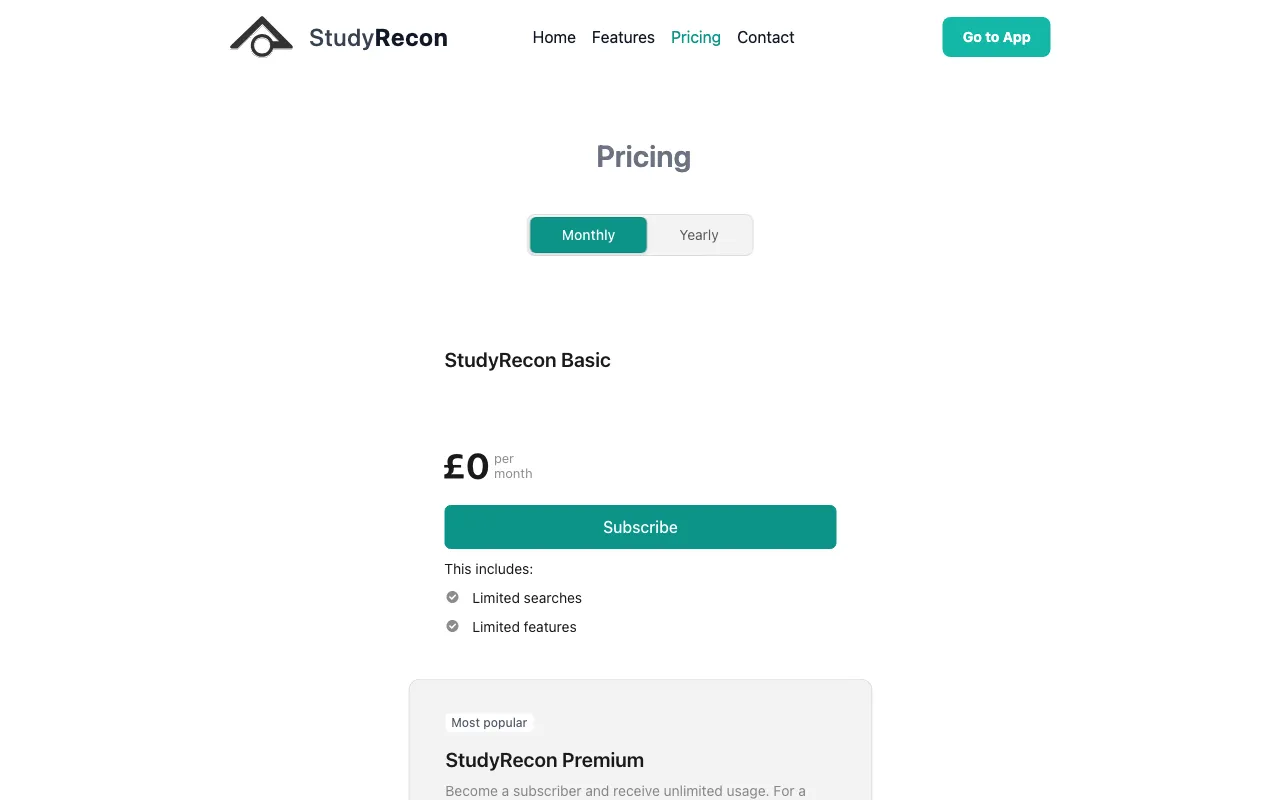 StudyRecon — pricing page