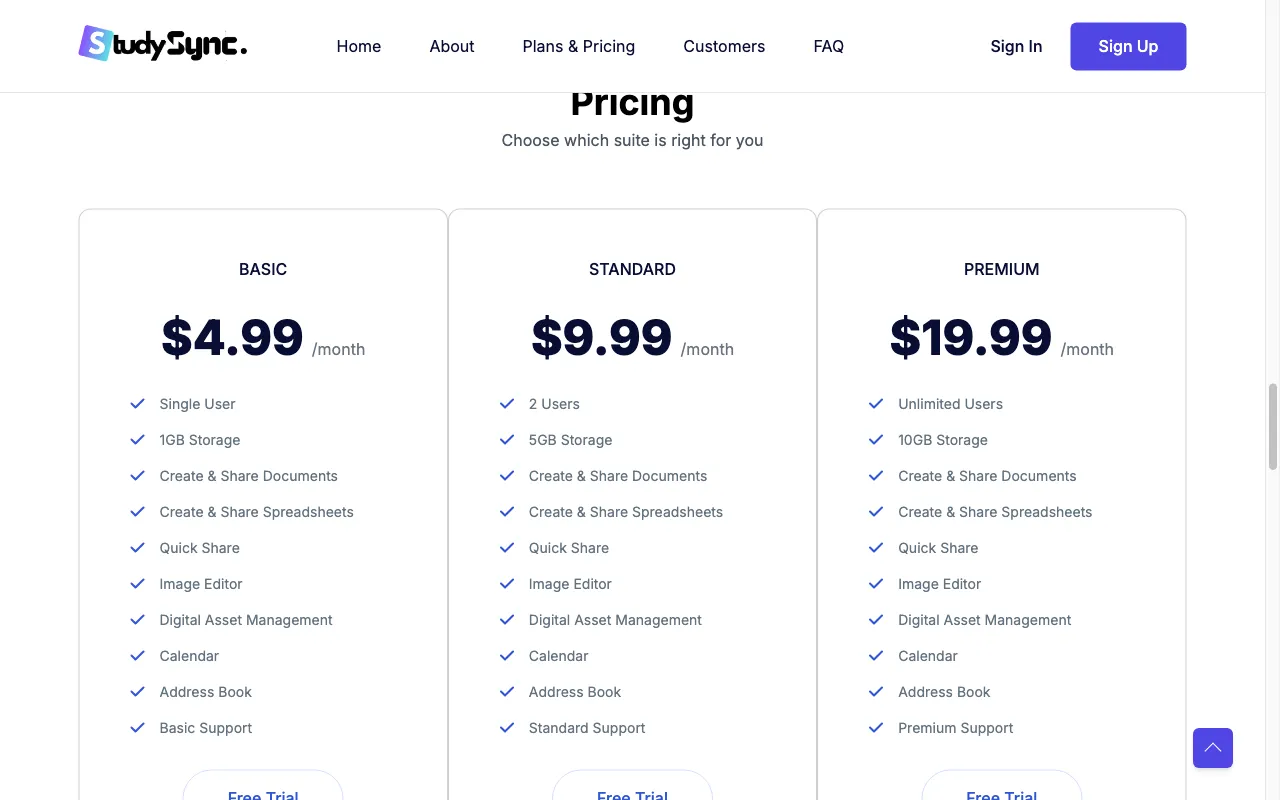 StudySync — pricing page