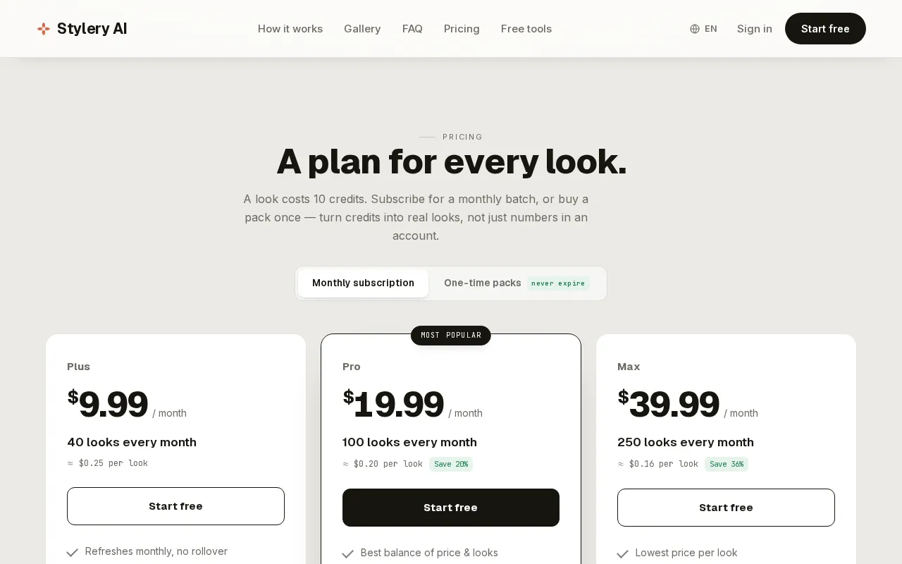 Stylery AI — pricing page