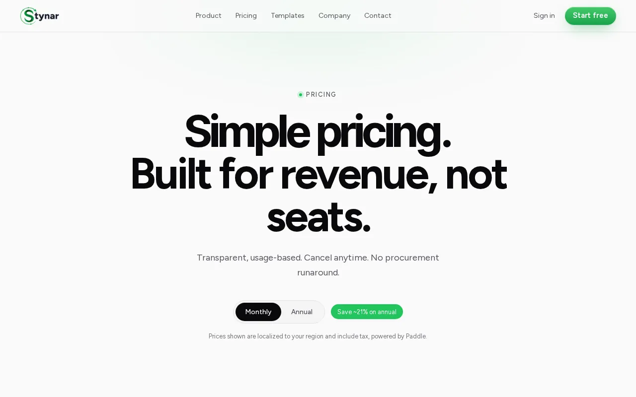 Stynar — pricing page