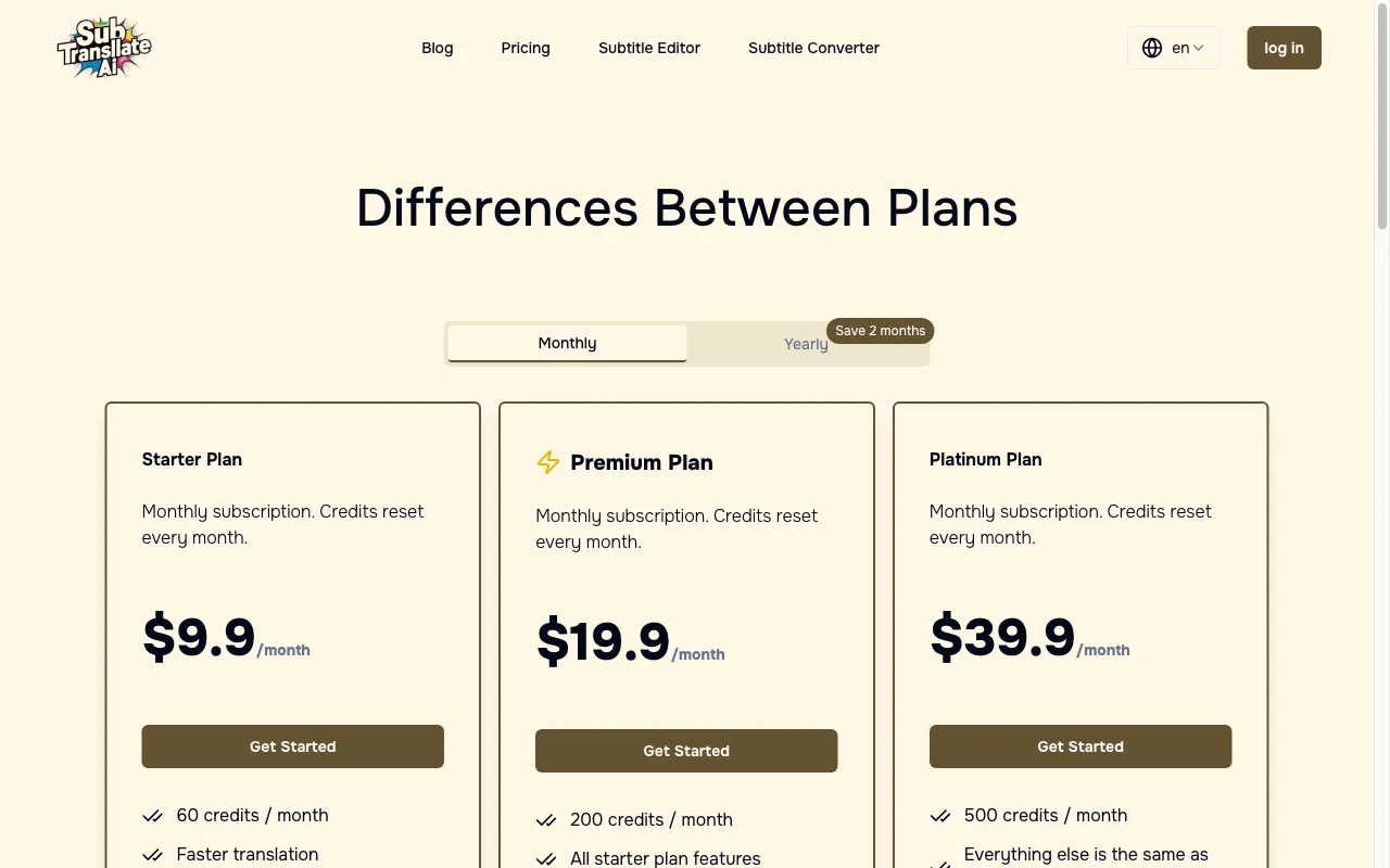 subtranslateai.com — pricing page