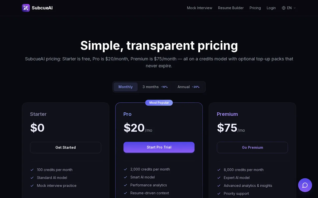 SubcueAI — pricing page