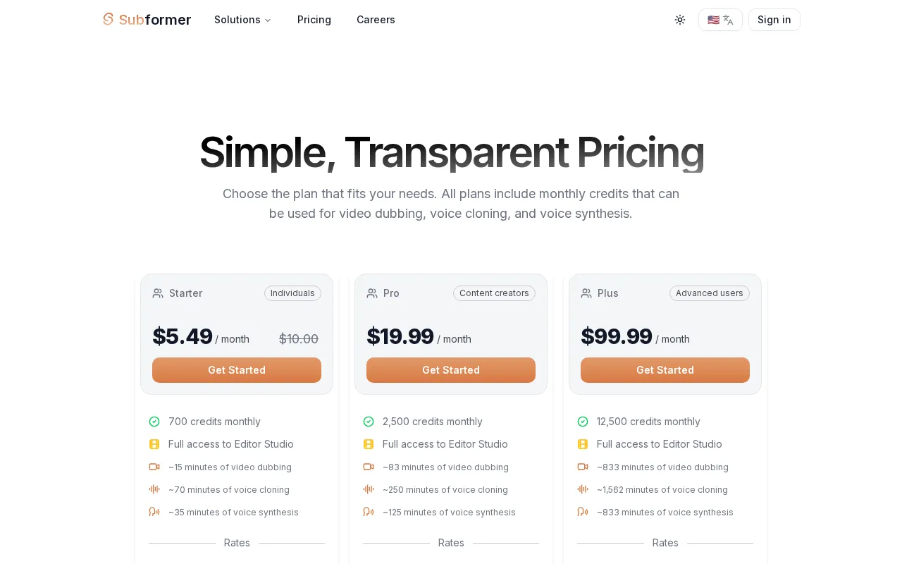 Subformer — pricing page