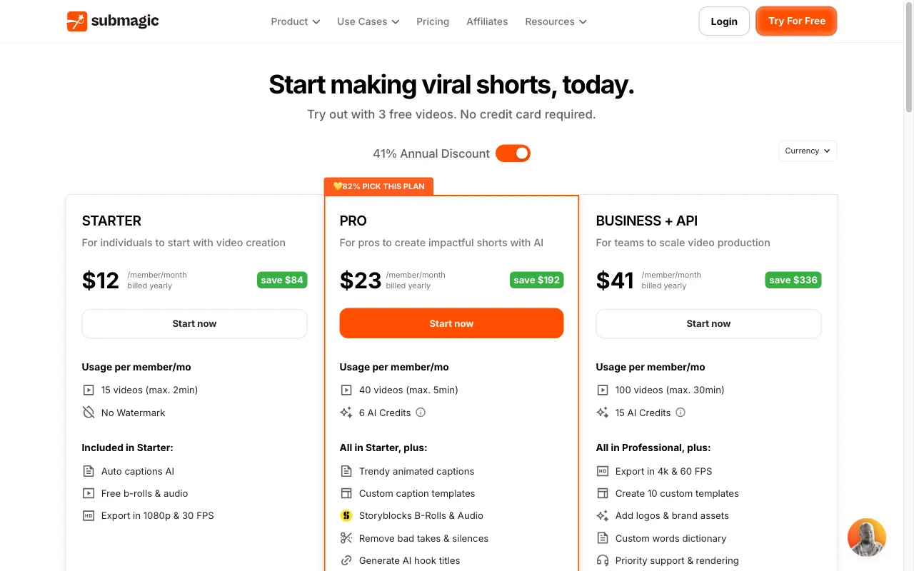 Submagic — pricing page