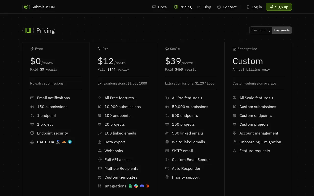 Submit JSON — pricing page